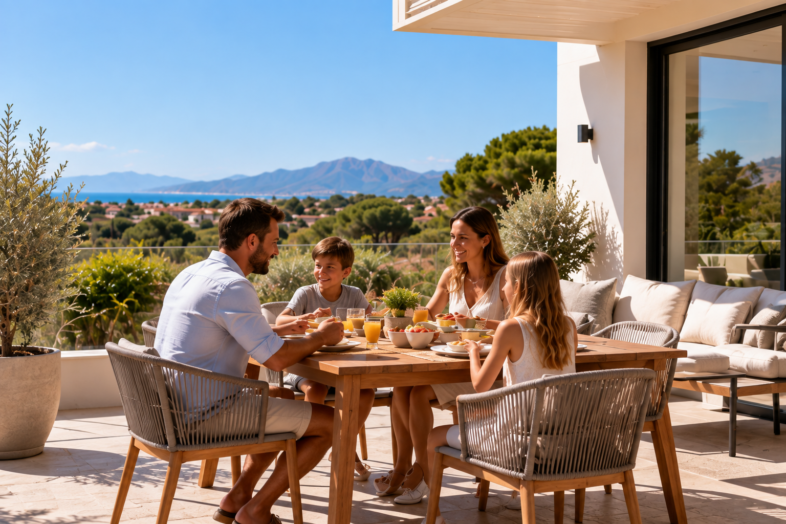 Familia en la terraza del chalet